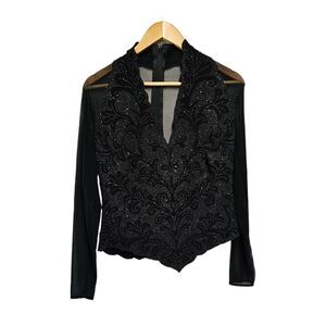 Vintage LILLIE‎ RUBIN Beaded Blouse V Neck Mesh Long Sleeve Corset Top LARGE